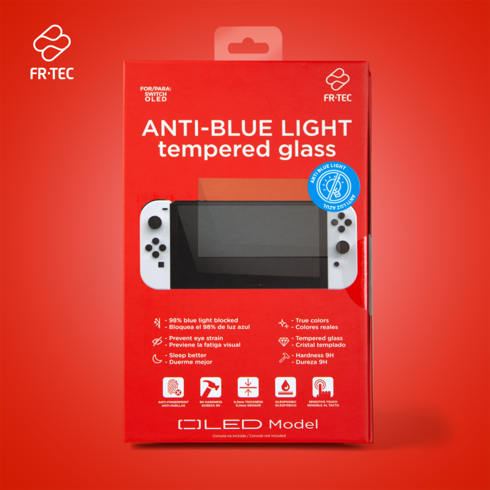 FR-TEC Verre Trempé Anti Lumière Bleue pour Nintendo Switch Oled - Dureté H9 - Bloque 98% des Rayonnements Bleus - Adhérence sans résidus - Application Facile - Comprend Chiffon de Nettoyage - Couleur Transparente