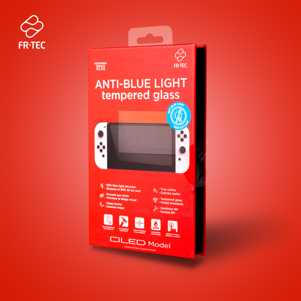 FR-TEC Verre Trempé Anti Lumière Bleue pour Nintendo Switch Oled - Dureté H9 - Bloque 98% des Rayonnements Bleus - Adhérence sans résidus - Application Facile - Comprend Chiffon de Nettoyage - Couleur Transparente