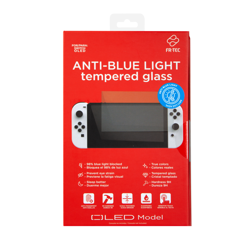 FR-TEC Verre Trempé Anti Lumière Bleue pour Nintendo Switch Oled - Dureté H9 - Bloque 98% des Rayonnements Bleus - Adhérence sans résidus - Application Facile - Comprend Chiffon de Nettoyage - Couleur Transparente