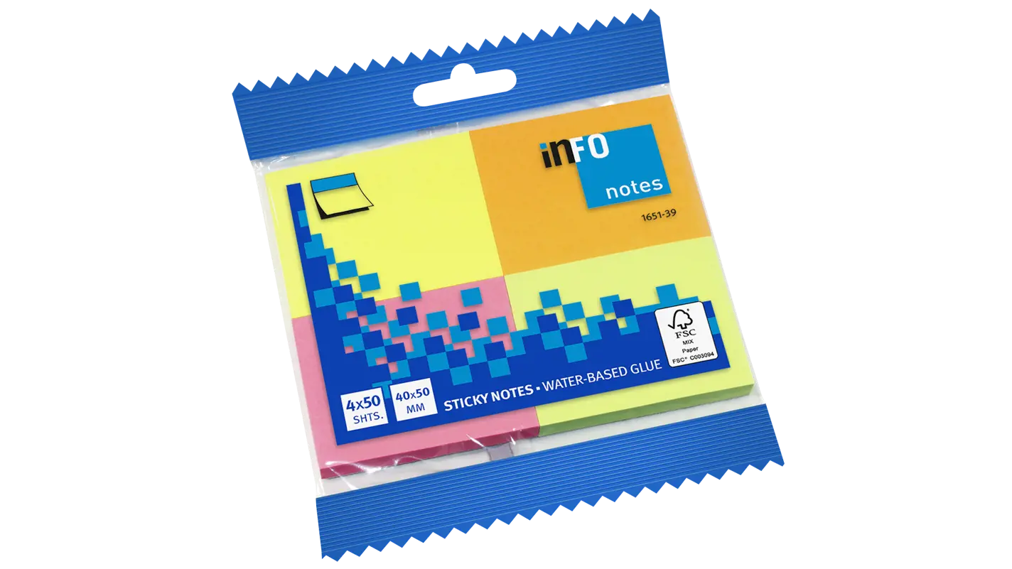 Global Notes inFO Brillant Pack de 4 Blocs de 50 Notes Autocollantes 50 x 40 mm - Certification FSC ? - Couleurs jaune, orange, rose et vert