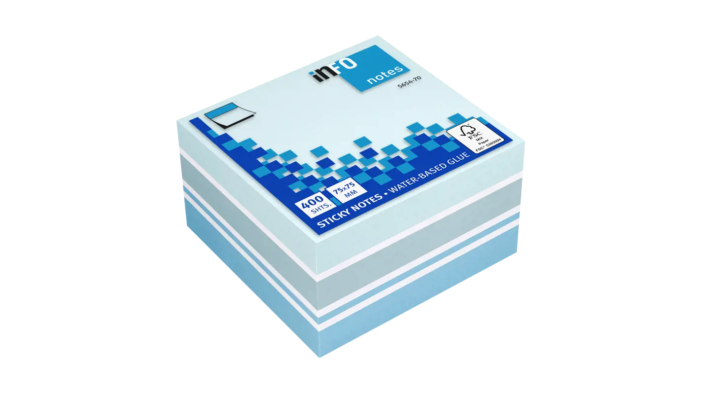Global Notes inFO Cube de 400 Notes Autocollantes 75 x 75 mm - Certification FSC ? - Couleurs Bleu Recyclé, Bleu Pastel, Ultra Bleu et Blanc