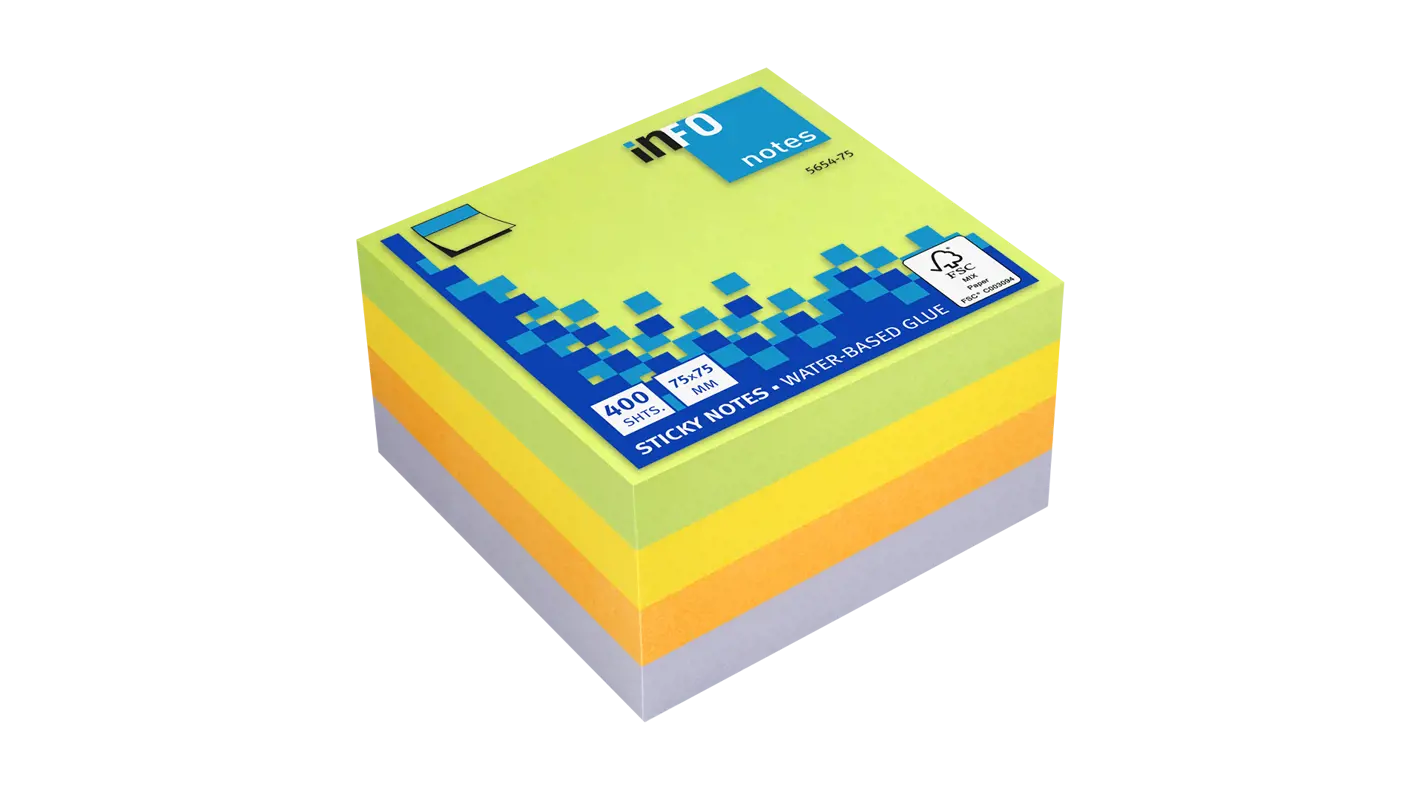 Global Notes inFO Cube de 400 Notes Autocollantes 75 x 75 mm - Certification FSC ? - Couleurs jaune, violet, orange et vert