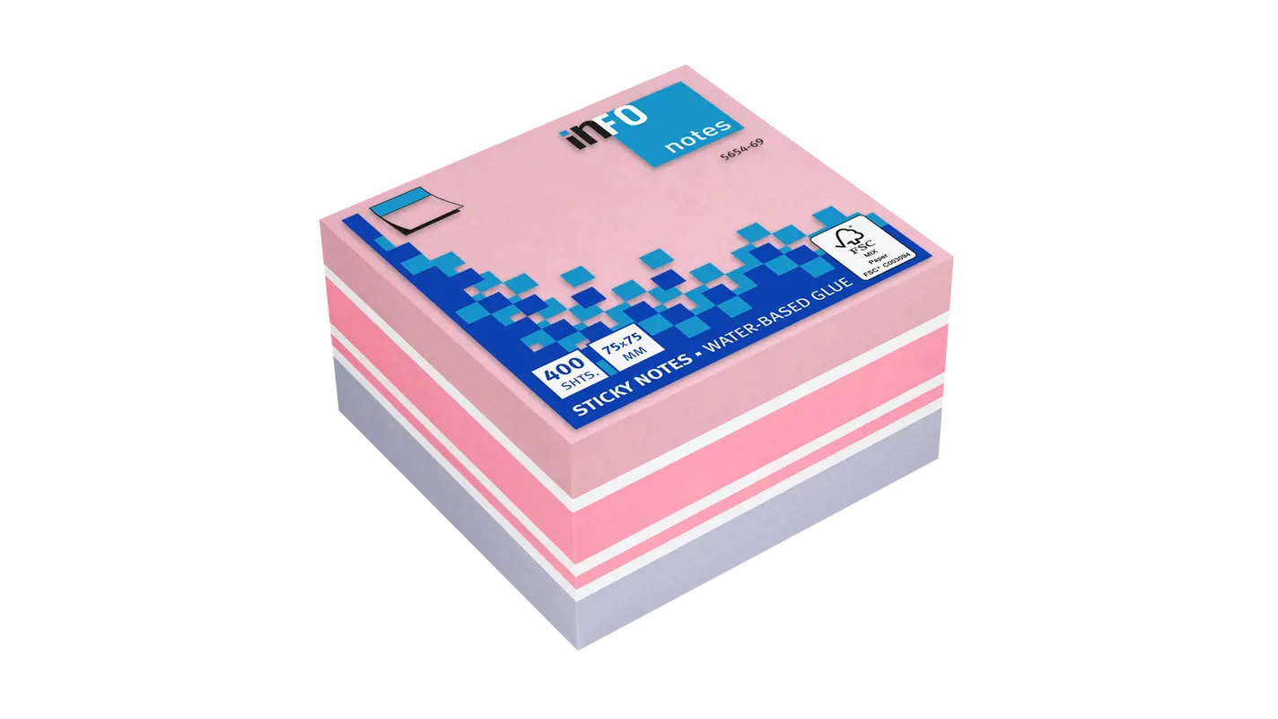 Global Notes inFO Cube de 400 Notes Autocollantes 75 x 75 mm - Certification FSC ? - Couleurs violet, rose pastel, rose vif et blanc