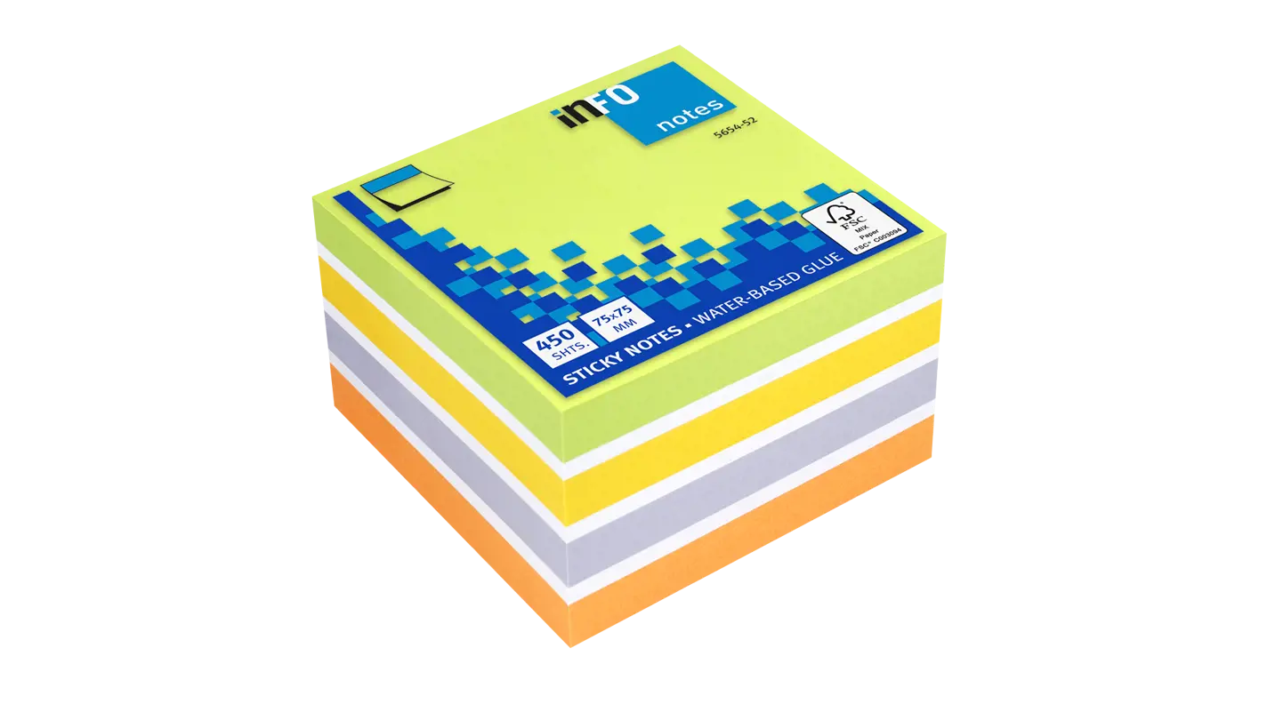 Global Notes inFO Cube de 450 Notes Autocollantes 75 x 75 mm - Certifié FSC ? - Couleurs Jaune, Orange, Violet, Blanc et Vert