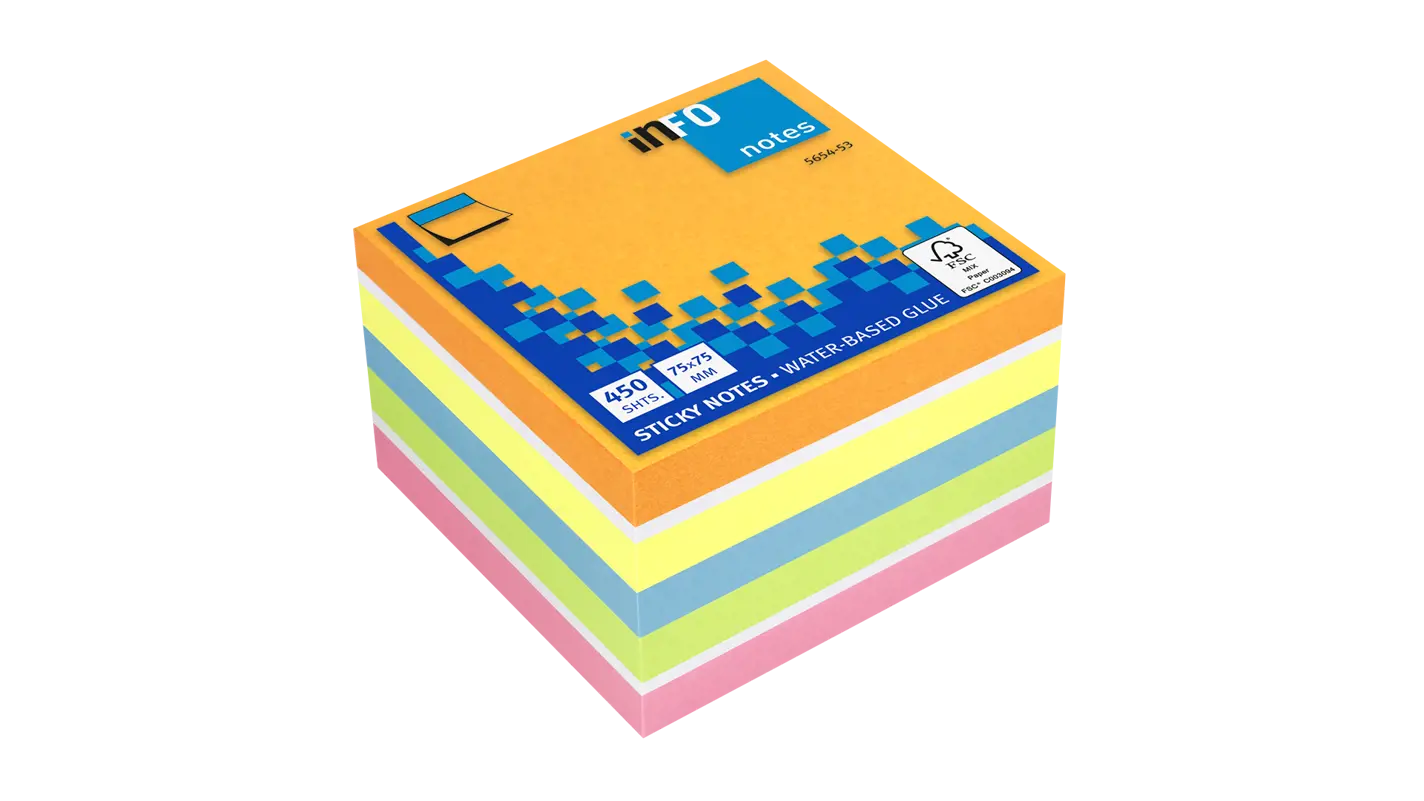 Global Notes inFO Cube de 450 Notes Autocollantes 75 x 75 mm - Certifié FSC ? - Couleurs Jaune, Orange, Bleu, Blanc, Rose et Vert