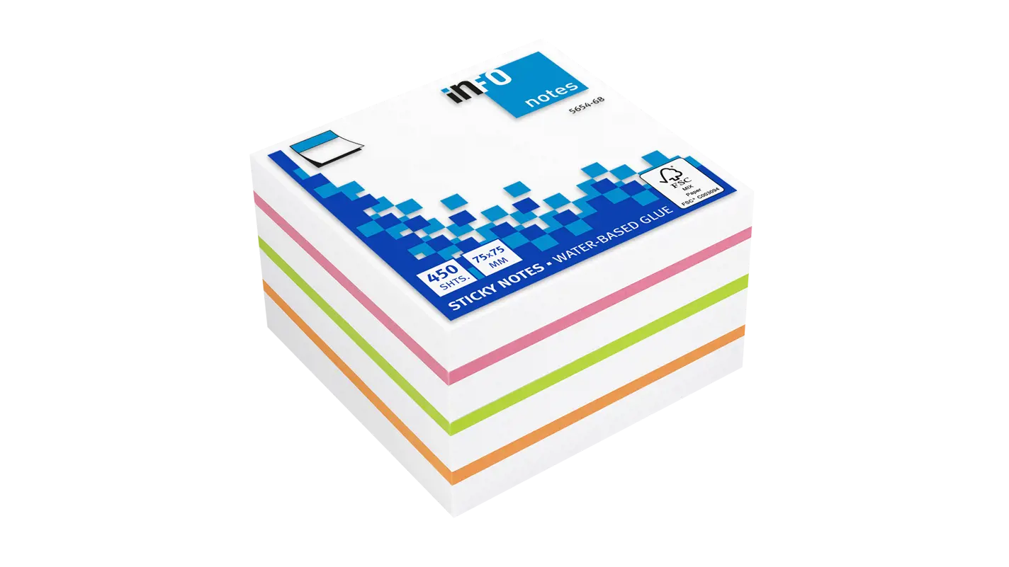Global Notes inFO Cube de 450 Notes Autocollantes 75 x 75 mm - Certifié FSC ? - Couleurs Vert, Orange, Rose et Blanc