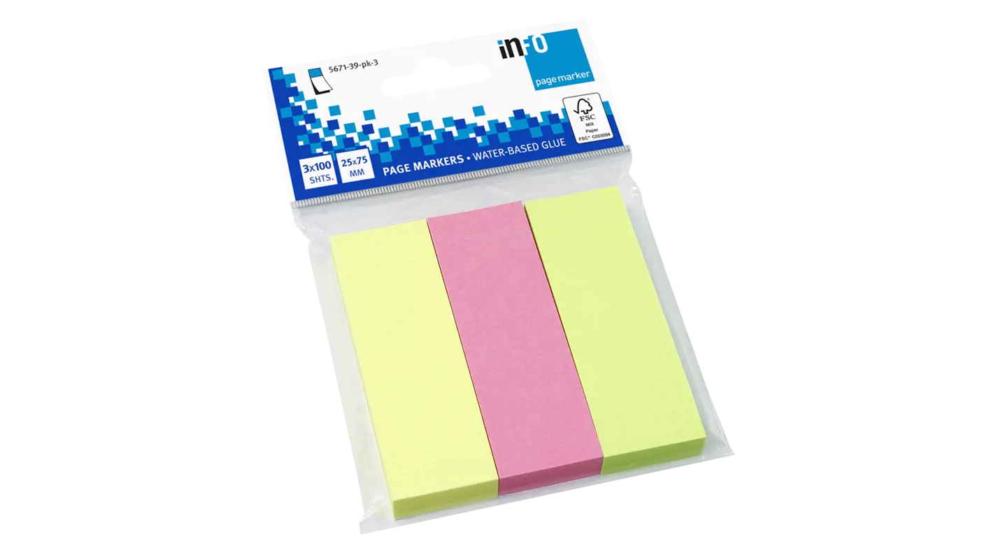 Global Notes inFO Pack de 3 blocs de 100 marqueurs de page 75 x 25 mm - Certification FSC ? - Couleurs jaune, vert et rose