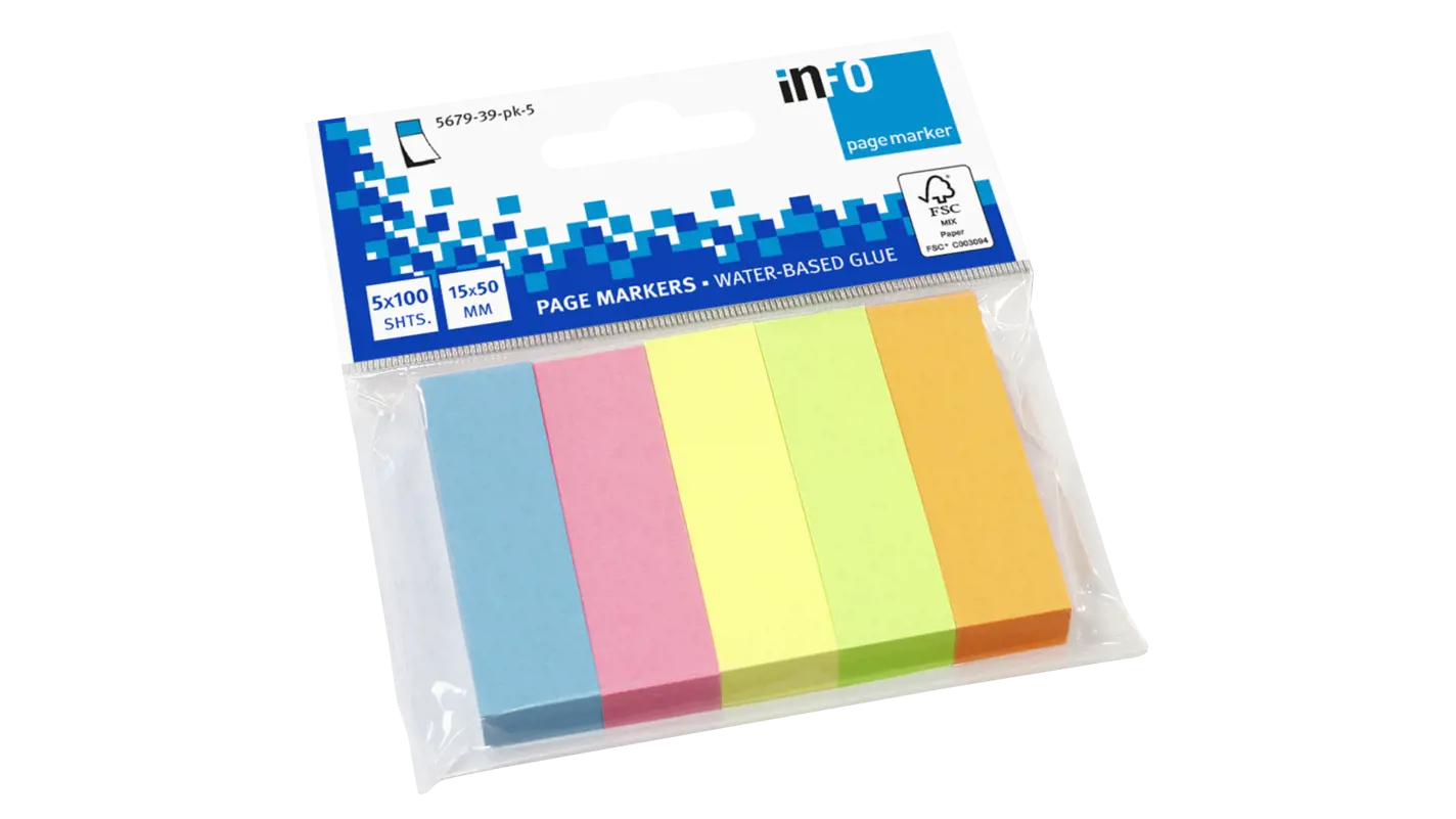 Global Notes inFO Pack de 5 blocs de 100 marqueurs de page 50 x 15 mm - Certification FSC ? - Couleurs jaune, bleu, orange, vert et rose