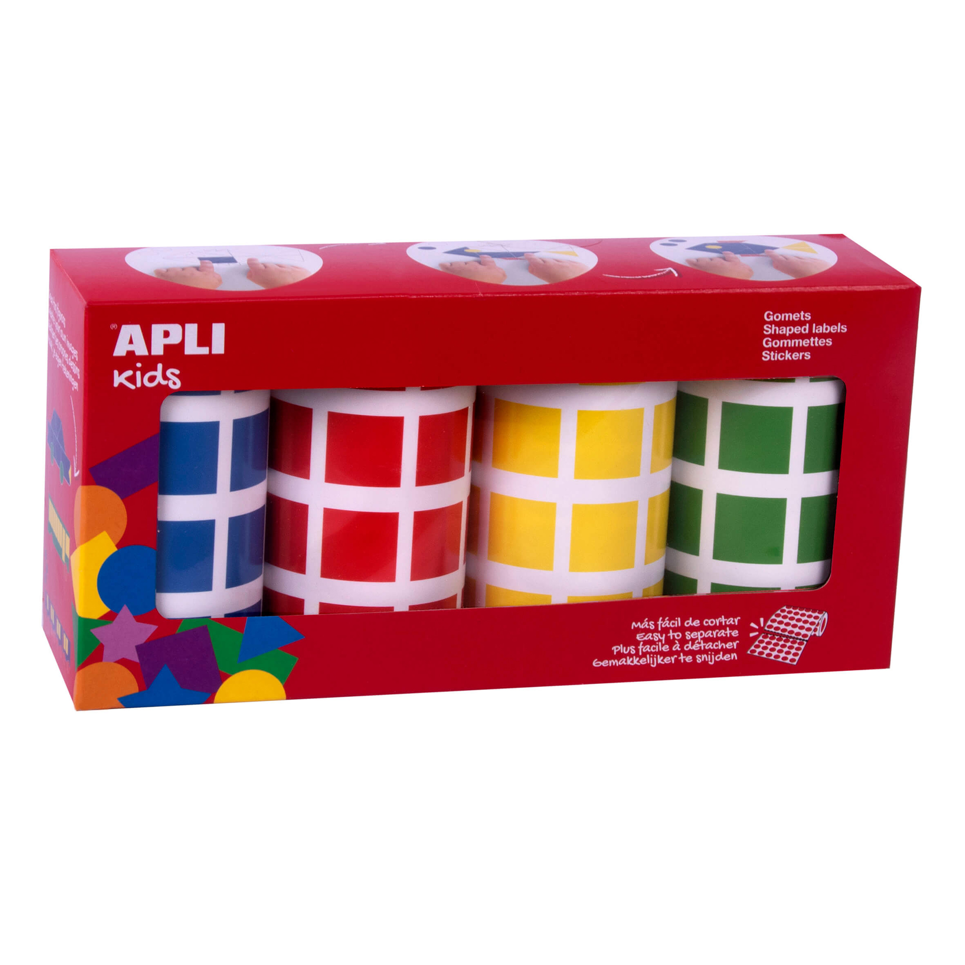 Gomets carrés adhésifs permanents Apli - Taille 20 x 20 mm - Paquet de 4 rouleaux de couleurs assorties - 7080 Gomets par paquet