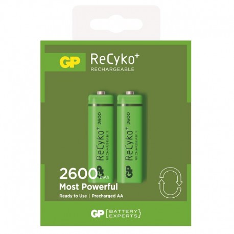 GP ReCyko Lot de 2 Piles Rechargeables 2600mAh AA 1.2V - Préchargées - Cycle de Vie : Jusqu'à 1000 Fois