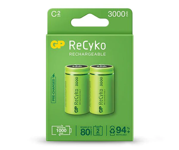 GP ReCyko Pack de 2 Batteries Rechargeables 3000mAh C 1.2V - Préchargées - Cycle de vie : Jusqu'à 1000 fois