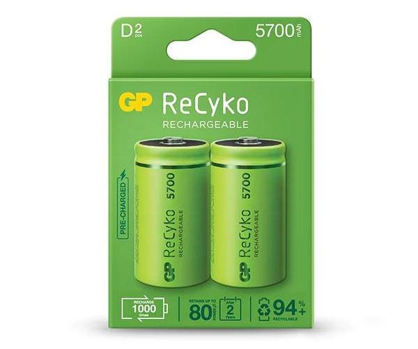 GP ReCyko Pack de 2 Batteries Rechargeables 5700mAh D 1.2V - Préchargées - Cycle de vie : Jusqu'à 1000 fois