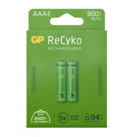 GP ReCyko Pack de 2 Piles Rechargeables 950mAh AAA 1.2V - Préchargées - Cycle de Vie : Jusqu'à 1000 Fois