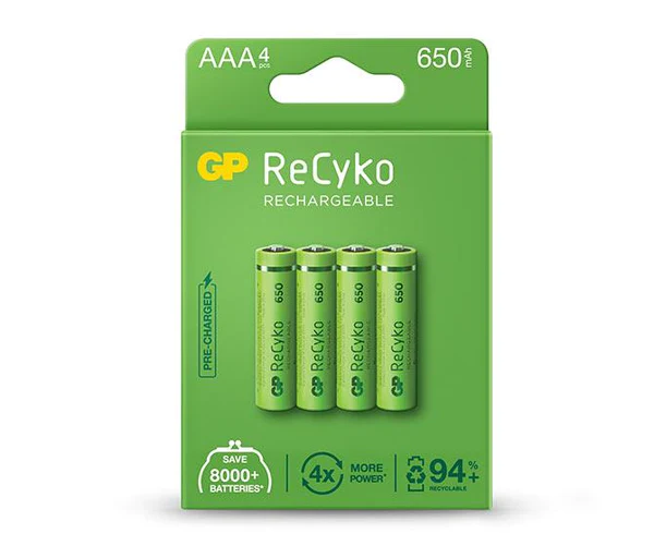 GP ReCyko Pack de 4 Piles Rechargeables 650mAh AAA 1.2V - Préchargées - Fabriquées avec plus de 10% de matériaux recyclés