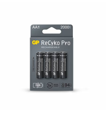 GP ReCyko Pro Pack de 4 Piles Rechargeables 2100mAh AA 1.2V - Préchargées - Cycle de Vie : Jusqu'à 1500 Fois
