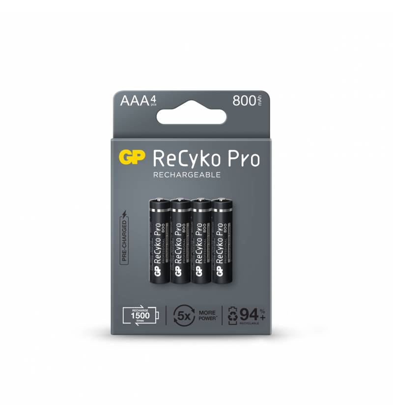 GP ReCyko Pro Pack de 4 Piles Rechargeables 800mAh AAA 1.2V - Préchargées - Cycle de Vie : Jusqu'à 1 500 Fois