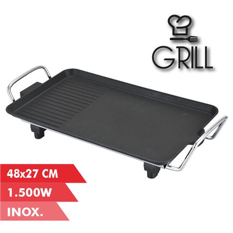 Gril Electrique Muvip 1500W - 2 Zones Lisses et Gril - Plaque Antiadhésive - Poignées Cold Touch - Thermostat Amovible - Surface 48x27cm