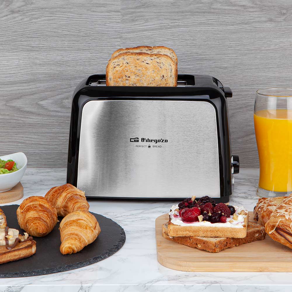 Grille-pain Orbegozo TO 3060 en acier inoxydable - Puissant et polyvalent - Avec 7 niveaux de grillage - Fonction décongélation et réchauffage - et système de centrage automatique du pain