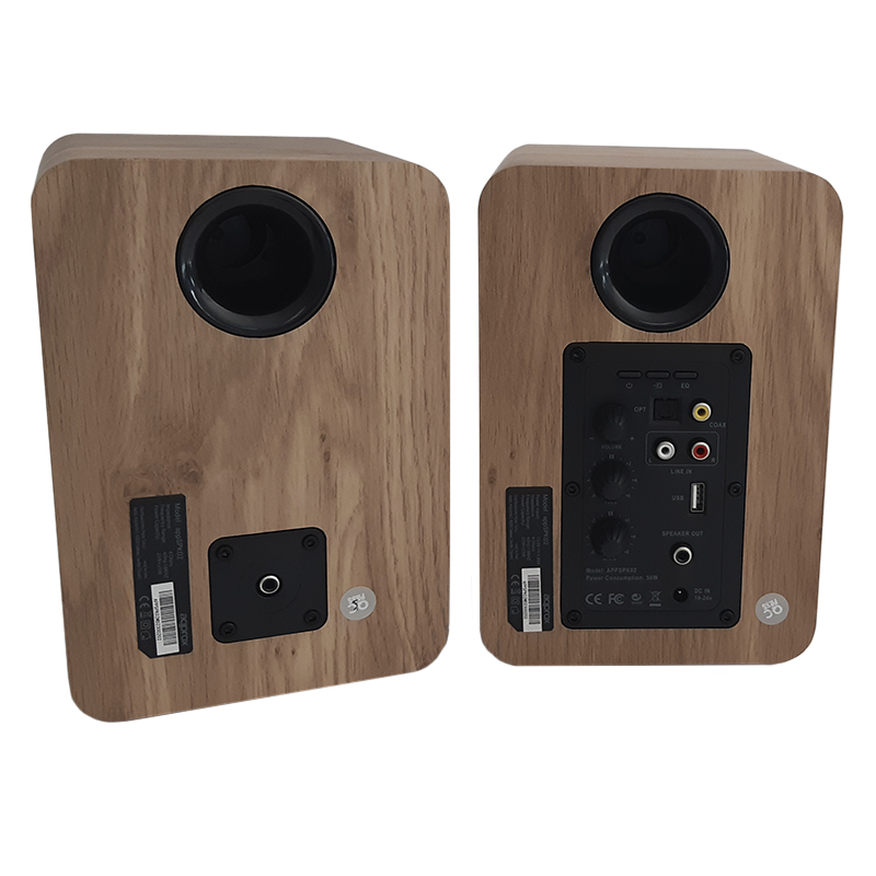 Haut-parleurs alimentés environ 60 W RMS Bluetooth 5.0 - Boîtier en bois - RCA, optique, coaxial, USB - Support mural inclus - Couleur bois