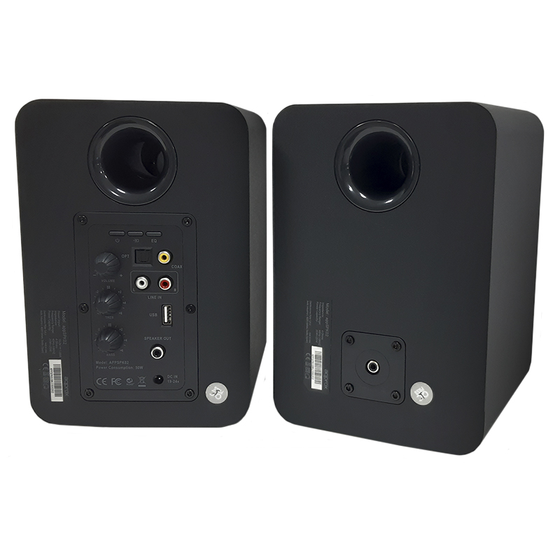 Haut-parleurs alimentés environ 60 W RMS Bluetooth 5.0 - Boîtier en bois - RCA, optique, coaxial, USB - Support mural inclus - Couleur noire