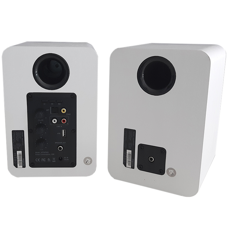 Haut-parleurs alimentés environ 60 W RMS Bluetooth 5.0 - Boîtier en bois - RCA, optique, coaxial, USB - Support mural inclus - Couleur blanche