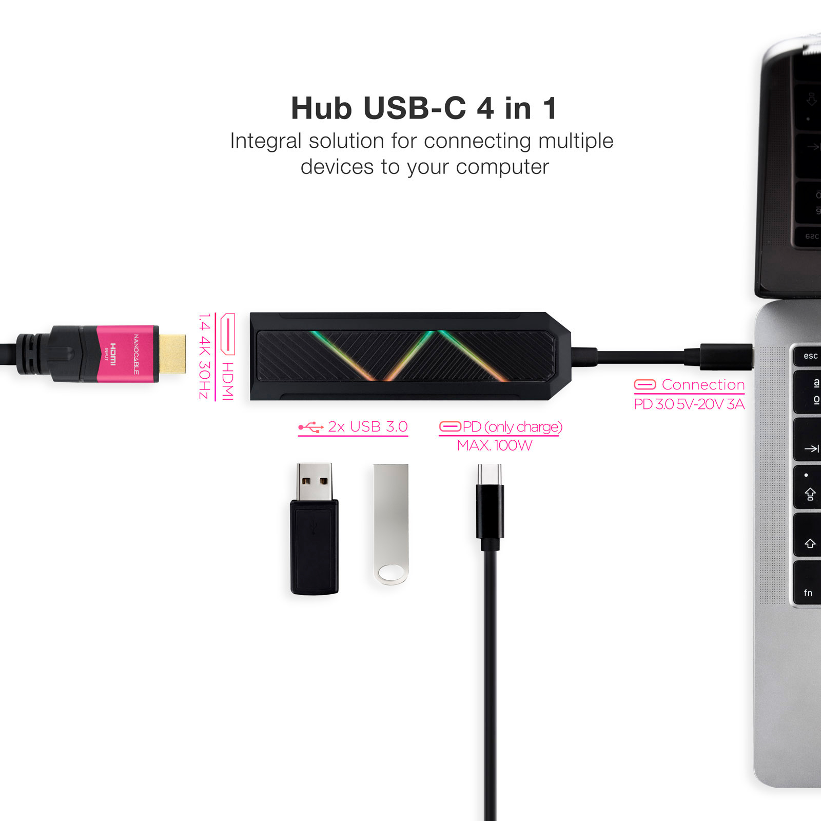 Hub Nanocable 4 en 1 USB-C 3.0 avec 2x USB-A 3.0, 1x USB-C PD, 1x HDMI - Boîtier Aluminium - Câble 0.15m