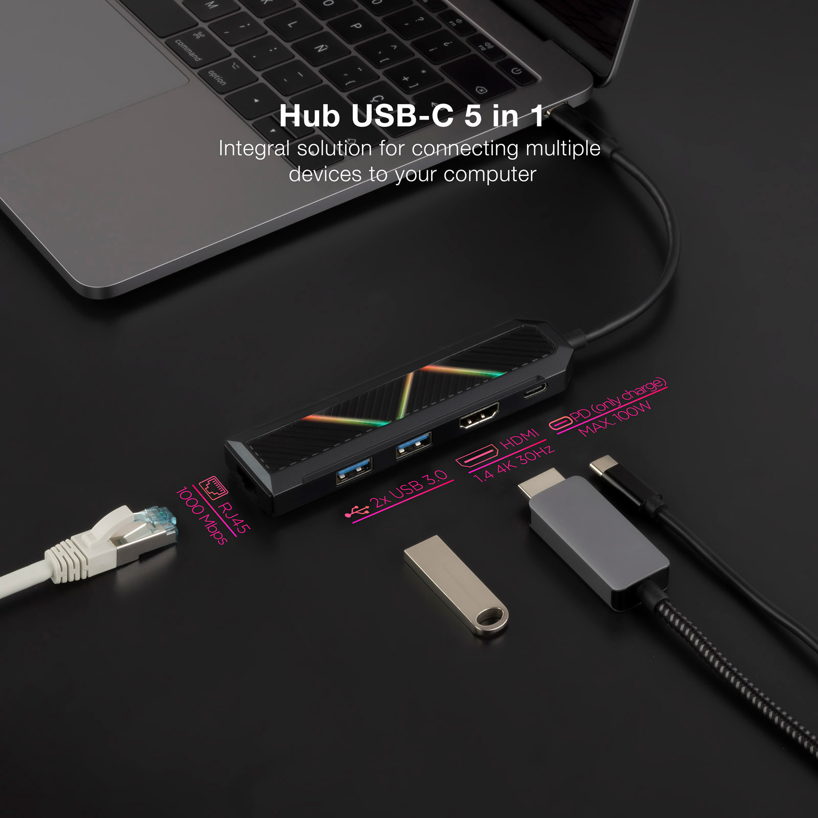 Hub Nanocable 5 en 1 USB-C 3.0 avec 2x USB-A 3.0, 1x USB-C PD, 1x HDMI, 1x RJ45 - Boîtier Aluminium - Câble 0.15m
