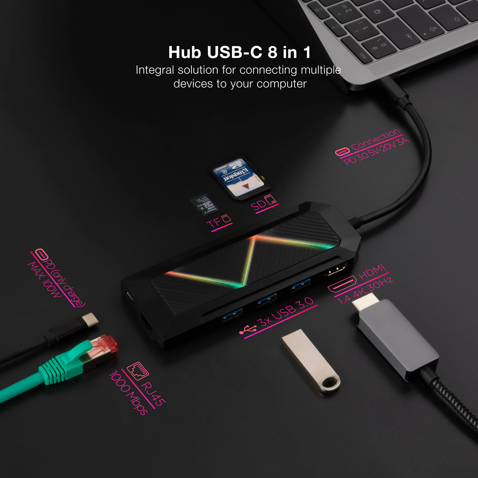 Hub Nanocable 8 en 1 USB-C 3.0 avec 3x USB-A 3.0, 1x USB-C PD, 1x HDMI, 1x RJ45, 1x Lecteur SD, 1x Lecteur TF - Boîtier en Aluminium - Câble de 0,15m