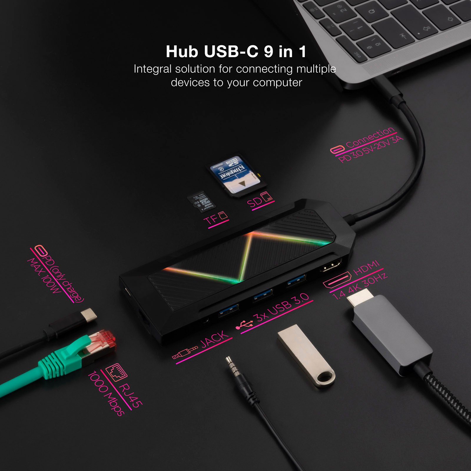 Hub Nanocable 9 en 1 USB-C 3.0 avec 3x USB-A 3.0, 1x USB-C PD, 1x HDMI, 1x RJ45, 1x Audio 3.5mm, 1x Lecteur SD, 1x Lecteur TF - Boîtier en Aluminium - Câble de 0.15m
