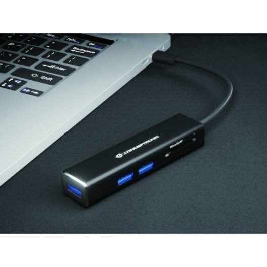 Hub USB-C Conceptronic avec 3x USB-A 3.1 + lecteur de carte SD et microSD - Boîtier en aluminium