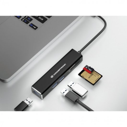 Hub USB-C Conceptronic avec 3x USB-A 3.1 + lecteur de carte SD et microSD - Boîtier en aluminium