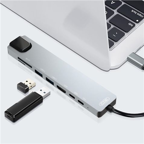 Hub XO USB-C 3.0 avec 2x USB-A 3.0, 1x HDMI et 2x USB-C, 1x RJ-45, 1x lecteur MicroSD et 1x lecteur SD