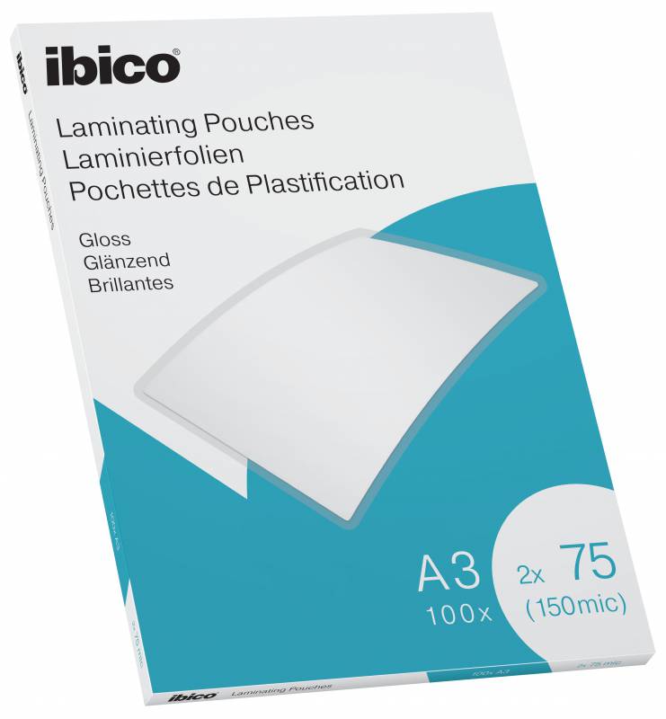 Ibico Gloss A3 Portefeuilles de plastification 150 microns - Finition cristal haute brillance - Taille A3 - Boîte de 100 - Couleur transparente