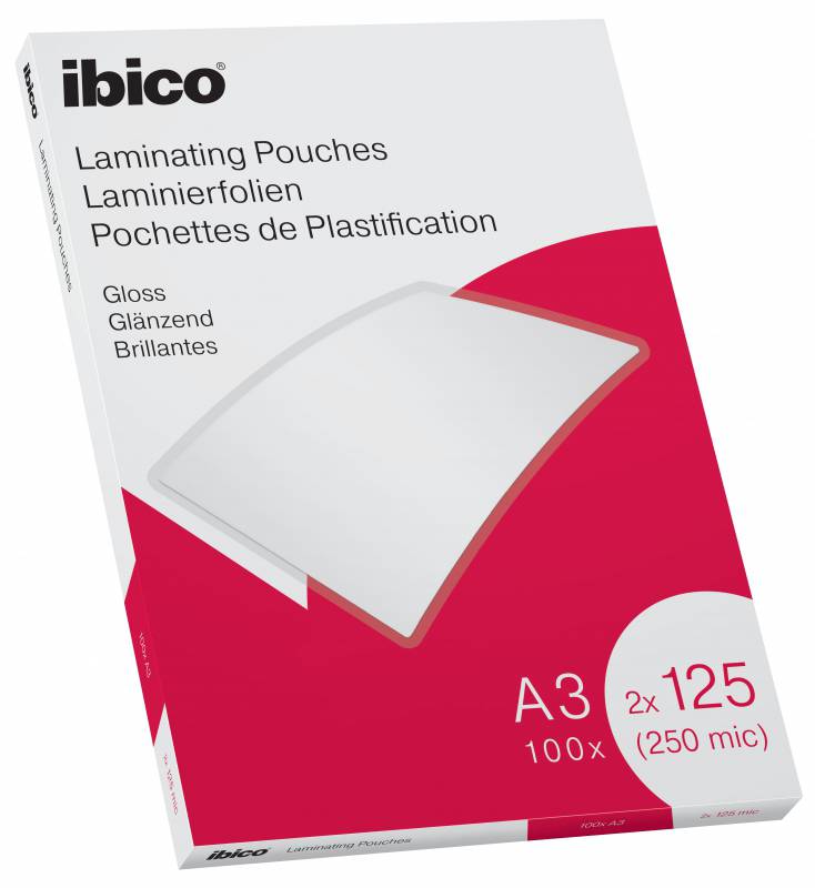 Ibico Gloss A3 Portefeuilles de plastification 250 microns - Finition cristal haute brillance - Format A3 - Boîte de 100 - Couleur transparente