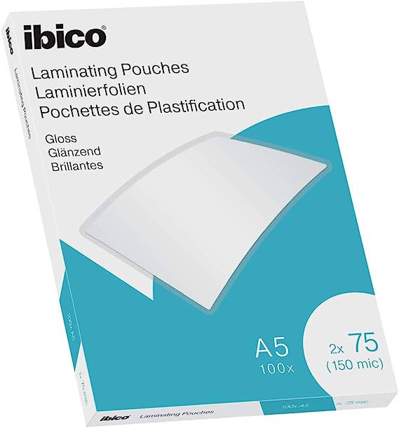 Ibico Gloss Pack de 100 Feuilles à Plastifier A5 150 Microns - Finition Brillante - Plastifie Papier, Photos, Cartes de Visite, Ressources Scolaires et Plus - Transparent