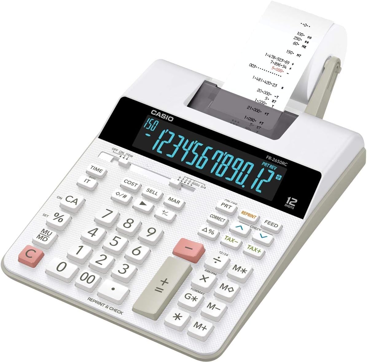 Imprimante de bureau calculatrice Casio FR-2650RC - Impression 2 couleurs - Écran 12 chiffres - Fonction horloge et calendrier - Couleur blanche