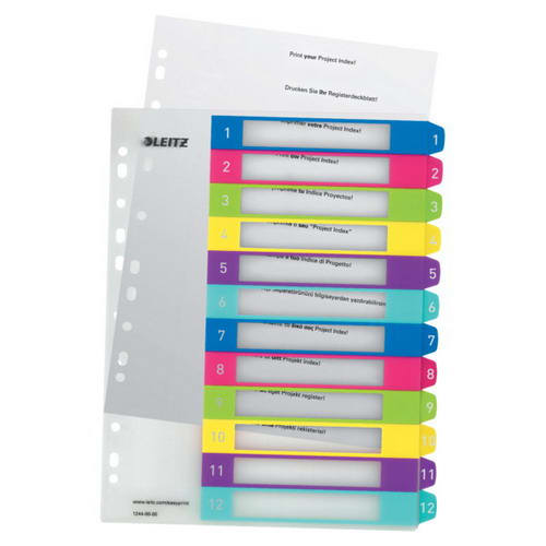 Index plastique imprimable multicolore Leitz WOW 12 onglets - Multi-perceuses - Format A4 - Couleur translucide