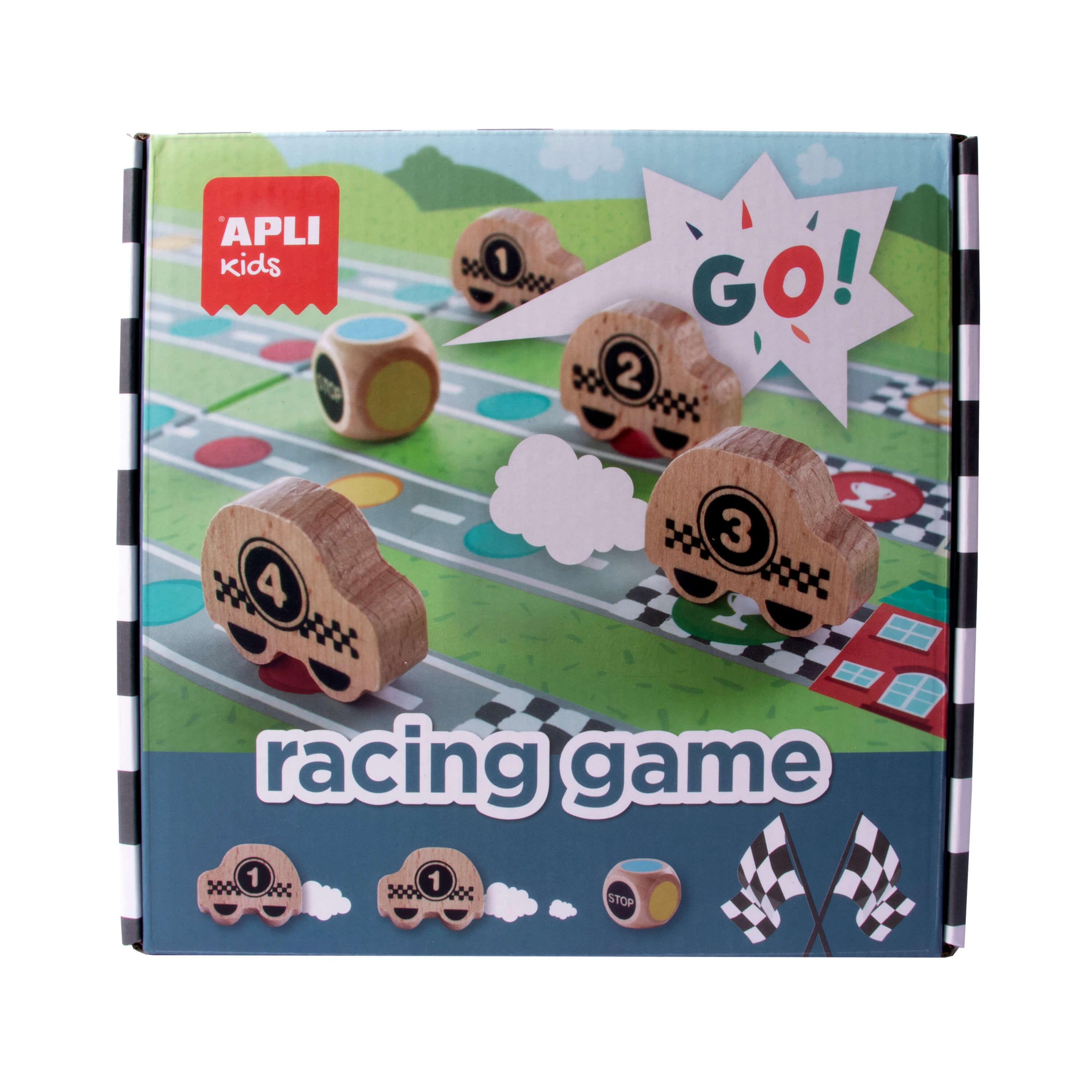Jeu de société Apli Racing Game - Plateau amovible - 4 pièces en bois en forme de voiture - Dés colorés - Apprend à respecter les règles - Coloré