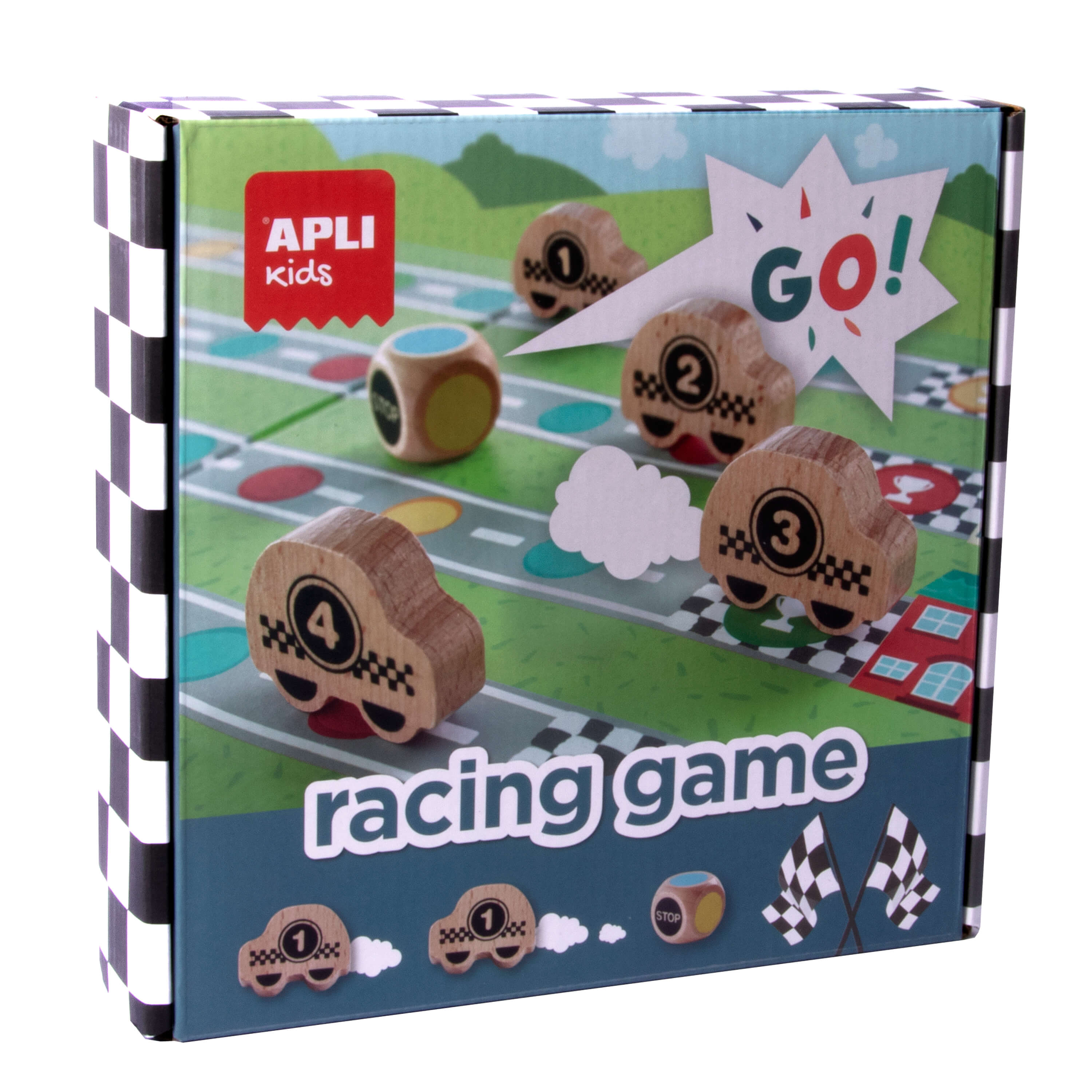 Jeu de société Apli Racing Game - Plateau amovible - 4 pièces en bois en forme de voiture - Dés colorés - Apprend à respecter les règles - Coloré