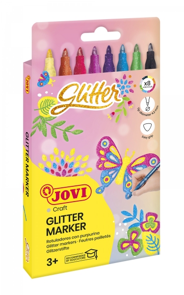 Jovi Boîte de Marqueurs Paillettes avec 8 Marqueurs Effet Paillettes - Encre à Base d'Eau - Prise Triangulaire Ergonomique - Pointe Résistante - Capuchon de Sécurité - Trait Homogène - Couleur Assortie