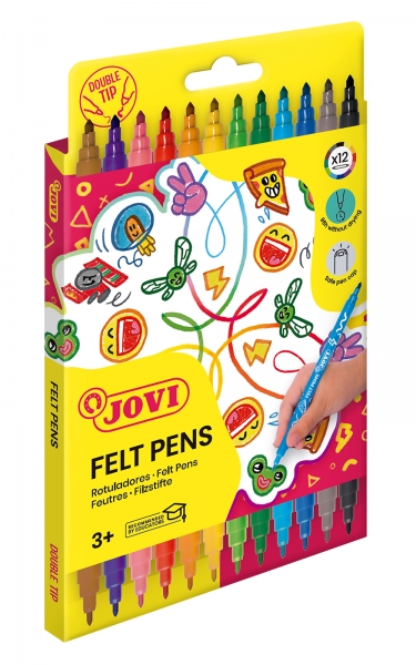 Jovi Étui à feutres 12 marqueurs double pointe – Grande variété de nuances – Encre de fixation excellente – Pointe fine et maxi – Prise triangulaire ergonomique – Couleurs assorties