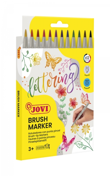 Jovi Étui de 12 feutres marqueurs à pointe pinceau - Pointe souple et flexible - Traits fins et épais - Encre à base d'eau - Idéal pour le lettrage - Couleurs assorties