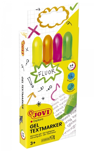 Jovi Gel Textmarker Étui avec 4 marqueurs de texte - Gel sec - Couleurs fluorescentes - Avec élévateur - Ne déteint pas - Séchage rapide - Ne pas sécher - Convient à la lumière noire - Couleurs assorties