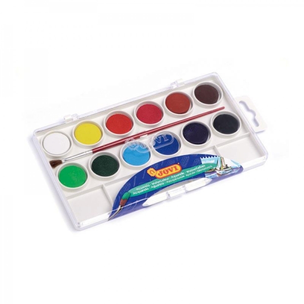 Jovi Pack de 12 Aquarelles en Poêle + Pinceau - Lumineux - Facilement Mélangable - Couleurs Assorties