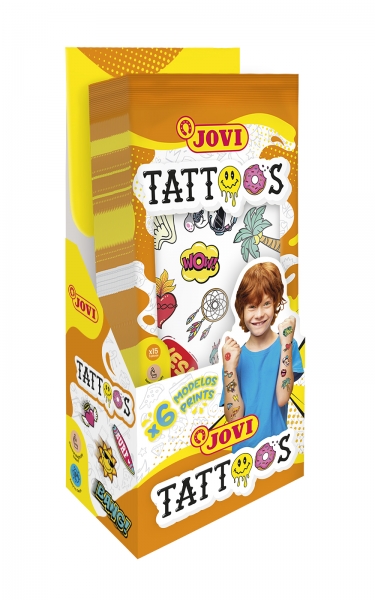Jovi Présentoir de 24 Tatouages Éphémères - Plus de 80 Motifs - Émoticônes, Animaux et Pirates - 6 Feuilles à Collectionner - Sans Paraben - Sans Allergène - Couleurs Assorties