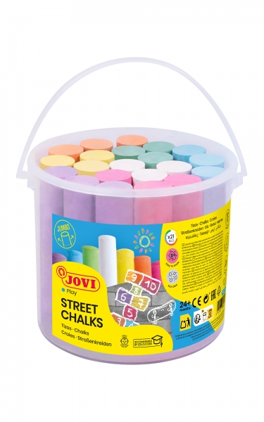 Jovi Street Chalks Pot de 21 craies Jumbo - Spéciales pour dessiner au sol - Craies rondes - Retrait facile à l'eau - Peu de résidus de poussière sur les mains - Couleurs assorties