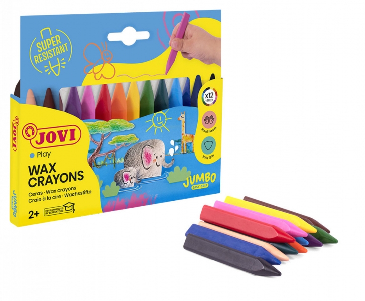Jovi Triwax Étui de 12 Cires Triangulaires - Ne tache pas - Trait lisse - Excellente performance - Convient aux taille-crayons - Sans allergène - Couleurs assorties