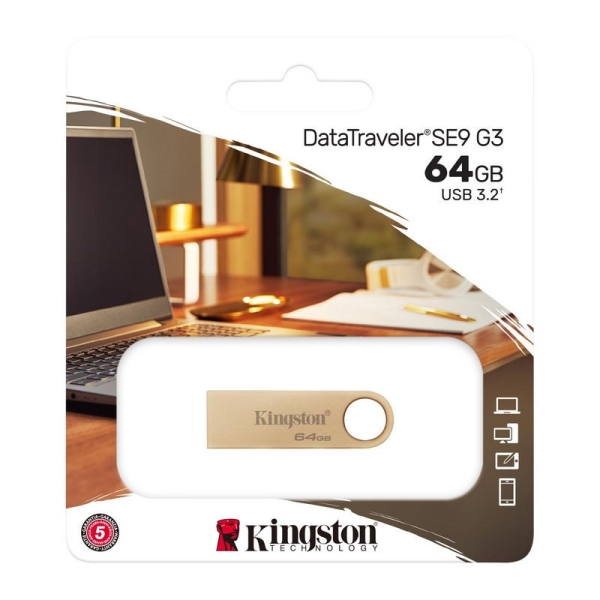 Kingston DataTraveler SE9 G3 USB-A 3.2 Gen 1 Mémoire 64 Go - Lecture 220 Mo/s - Design métallique - Couleur Or (Pendrive)