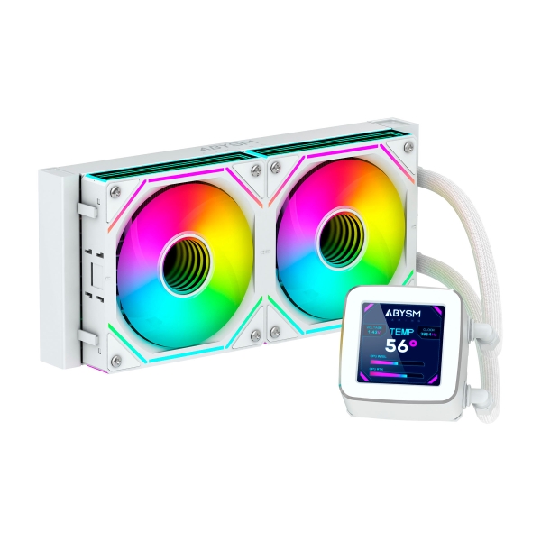 Kit de refroidissement liquide Abysm Oceanic LCD 240 ARGB - 2 ventilateurs 120 mm - Éclairage ARGB - Écran LCD 2,8" - Pompe 2500 tr/min - Tubes 350 mm - Couleur Blanc