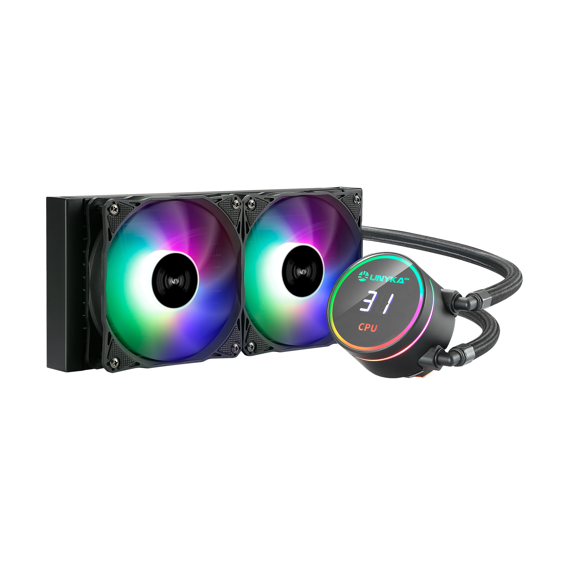 Kit de refroidissement liquide Unykach Aquastorm 240 - 2 ventilateurs 120 mm - Eclairage RGB - Affichage température CPU - Tube 335 mm